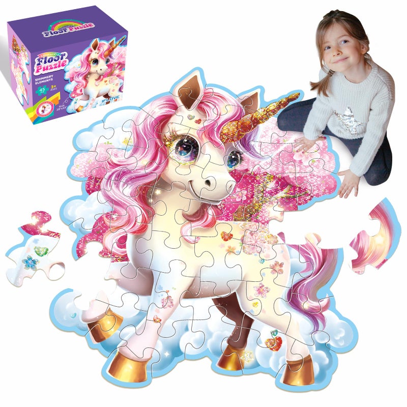 IFLOVE Jumbo Shimmery Floor Puzzle for Kids Unicorn Jigsaw Large Puzzles 45 Piece Unicorn Puzzle for Toddler Ages 3-5 Children Learning Preschool Educational Toys Birthday Gift for 4-8 Years Old - Image 1